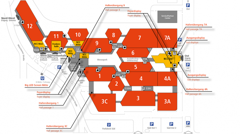 Karte mit den Standorten der Digital Signage Displays der NürnbergMesse