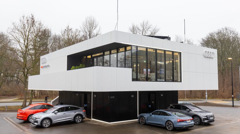 View of the Audi charging hub at the Nuremberg exhibition grounds. View of the Audi charging hub at the Nuremberg exhibition grounds.