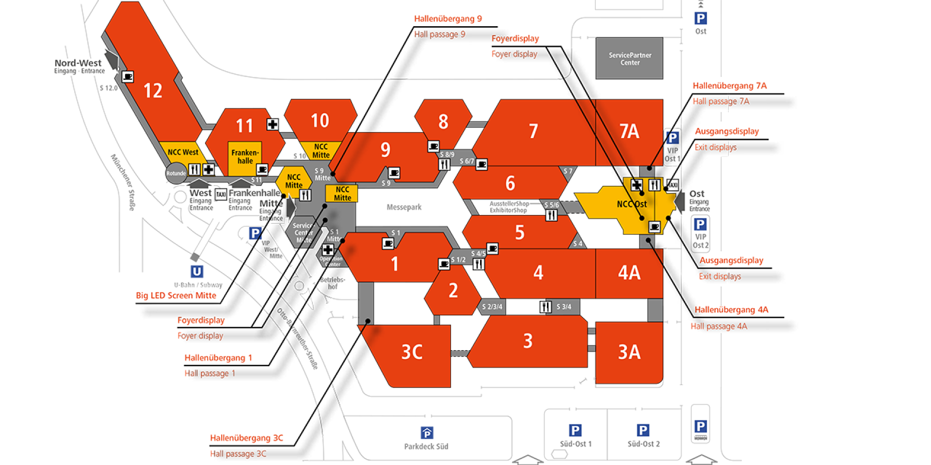 Karte mit den Standorten der Digital Signage Displays der NürnbergMesse